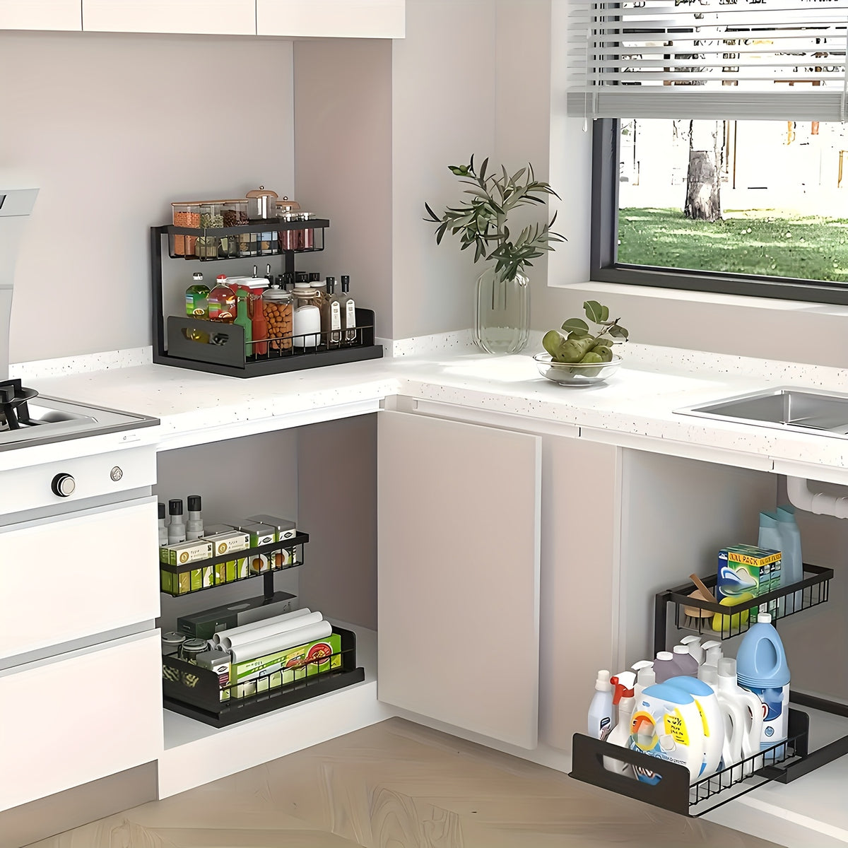 2Pack-2-Tier Slide-Out Under Sink Organizer -Pull-Out Cabinet Shelf with Adjustable Compartments, Featuring a Sliding Pull-Out Shelf Made of Metal, Ideal for Organizing Kitchen, Bathroom, Pantry, Or Closet Spaces