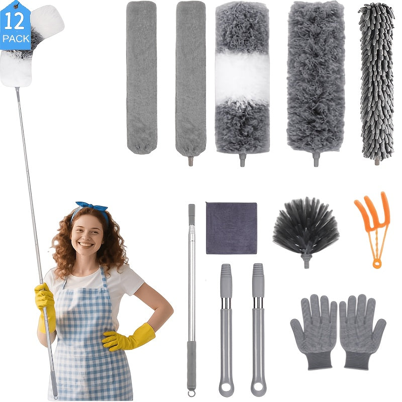 9/12pcs Microfiber Duster Kit for High Ceiling, Extendable Dusters for Cleaning with 100" Extension Pole, Washable and Retractable Long Feather Duster for Home Car Furniture Cobweb, Blinds, House Cleaning Tool Kit