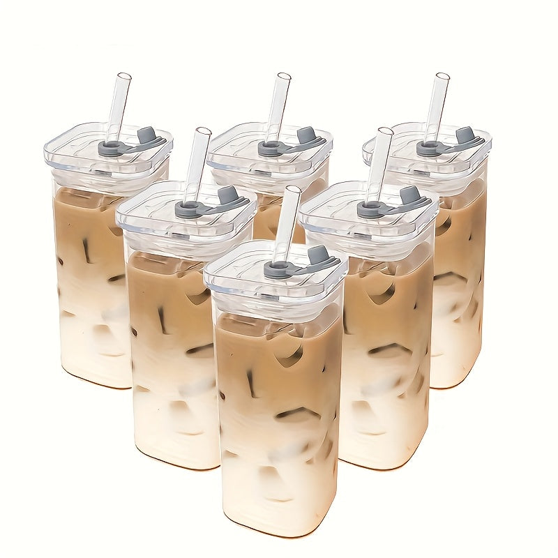 4/6/8pcs Square Glass Cups with Lids, 13oz, Perfect Coffee Cups, Include Straws, Gift for Cup Collectors, Great for Office, Home, School, And Outdoor Use, Weddings, BPA-Free, Comes with Cleaning Brush Tool