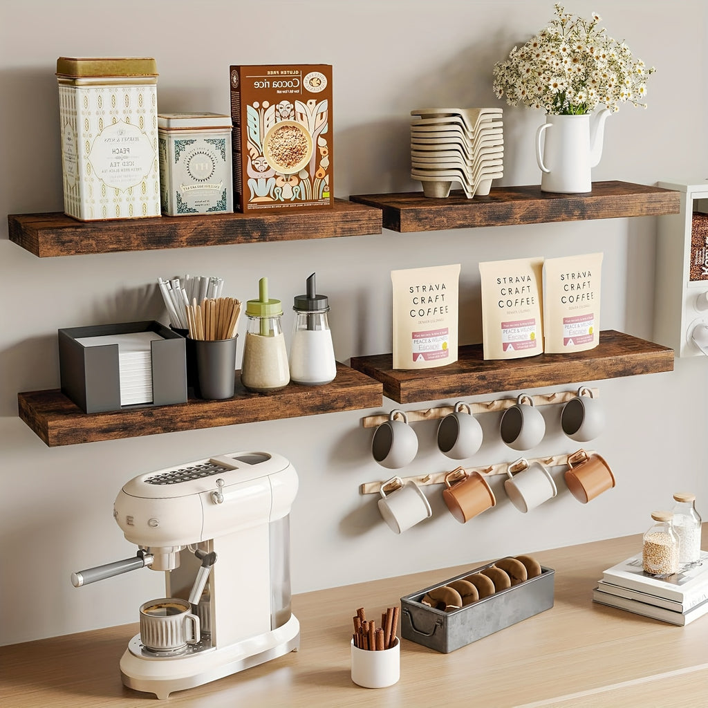 4pcs 15.8in Floating Shelves for Wall, Brown Wall Mounted Shelf with Invisible Shelf Bracket, Wall Shelves for Bathroom, Living Room, Bedroom, Kitchen, Office Decor