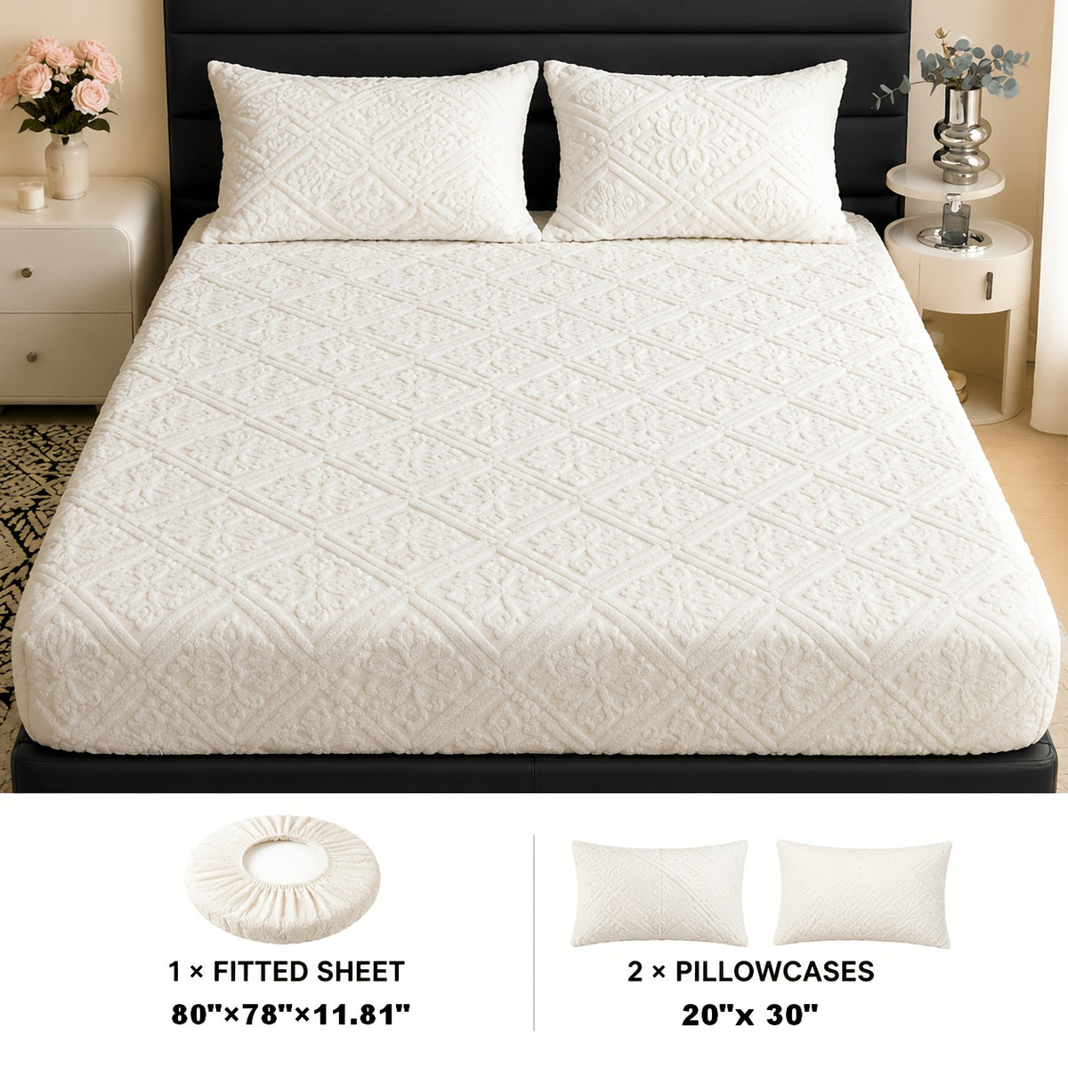 Embossed Fitted Sheet with Optional Pillowcases, Soft Deep Pocket Machine Washable Bedding in White, Gray, Khaki, Blue and Green for Twin Full Queen King