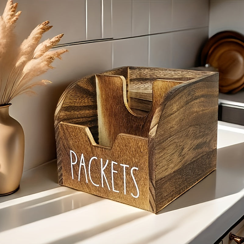 Wood Spice Packet Organizer with Dividers, Rustic Farmhouse Seasoning Storage Box for Kitchen Countertops and Cabinets in Black White or Brown