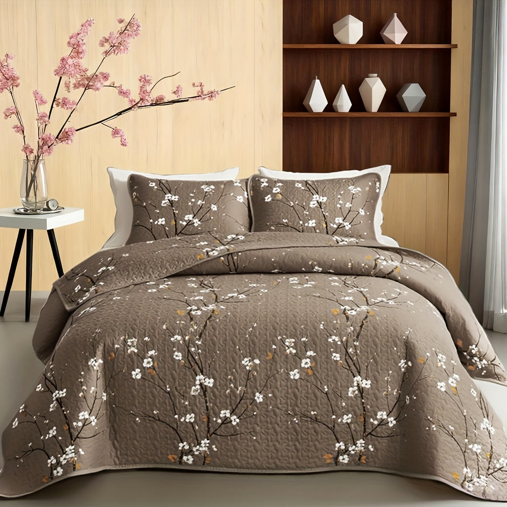 2/3pcs Multicolour Tree Branch Plum Blossom Quilted Quilt, 1pc Quilted Quilt+ 1/2pcs Pillowcases, Soft Breathable Comfortable Portability Hypoallergenic Machine Washable Bed Cover Bedding Room Decor, SingleBed/ Queen/ King Size