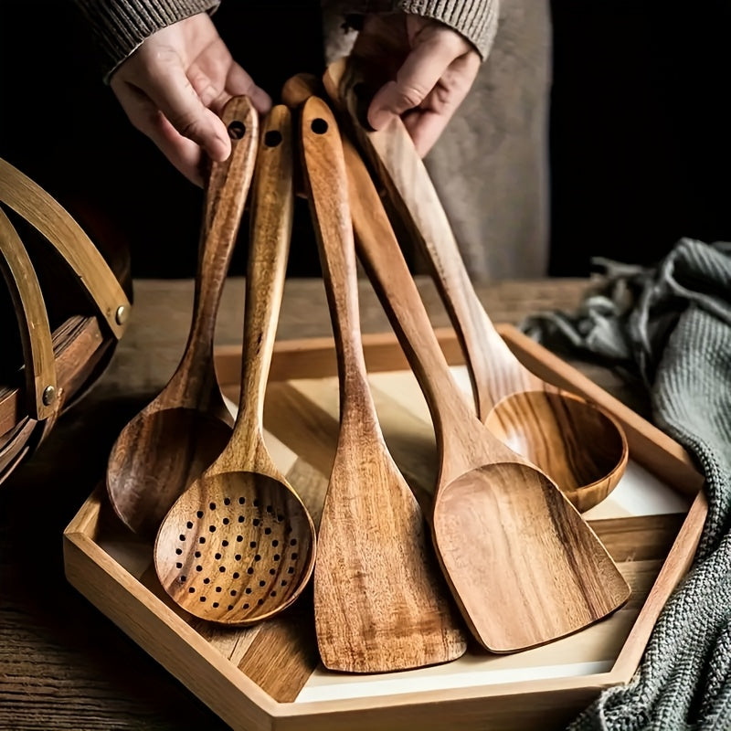 5pcs/3pcs/10pcs Premium Wooden Kitchen Utensil Set - Ergonomic Handles, Natural Wooden Spoon, Stirring Spoon, Soup Spoon Non-Stick Pan Turner, Heat-resistant & Easy to Clean, Durable Kitchen Essential Accessories, Perfect Christmas GiftChristmas Gift