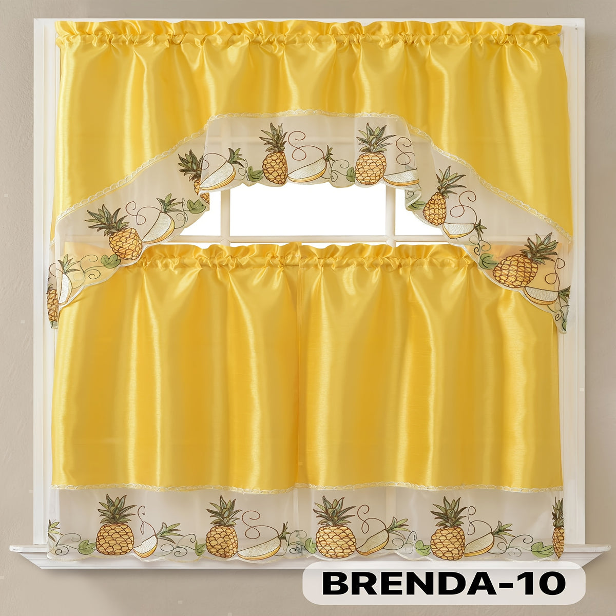 3pcs Bamboo Embroidered Kitchen Curtain Set, Floral Embroidery, Lightweight and Soft, Easy Care, Machine Washable, Satin Fabric, Embroidered