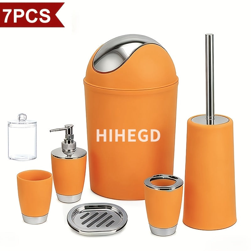 7pcs Luxury Bathroom Accessory Set - Premium Quality, Modern Style - Complete with Trash Can, Toilet Brush, Lotion Dispenser, Soap Dish, Mouthwash Cup & Toothbrush Holder - Space-Saving, Easy to Clean, Ideal for Bathroom Decor And Housewarming Gifts