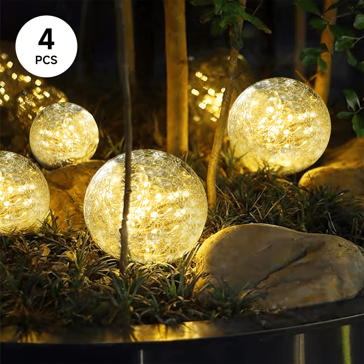 4 Solar Spherical Lights, Outdoor Solar Garden Spheres, Outdoor Cracked Glass Globes, Outdoor Solar Spheres, Christmas Decorations for Courtyards, Lawns, and Backyards, Christmas Ornaments, Large Size, Upgraded Packaging,halloween/christmas Decor