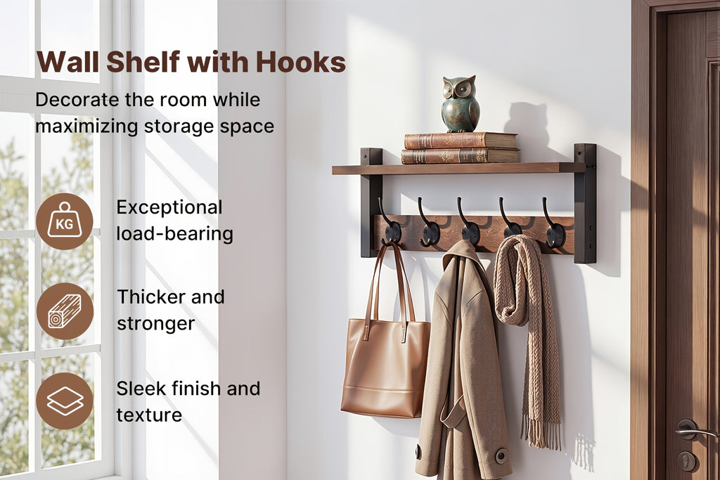 Wooden Wall-Mounted Shelf - Coat And Key Organizer with Floating Shelf And 5 Hooks, Key Rack for Bedroom And Entryway Storage, Towel Organizer for Bathroom, Suitable for Kitchen, Living Room, Bedroom, Bathroom