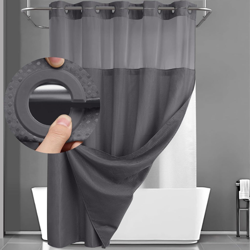 Hookless Shower Curtain and Snap Liner Set, Double-Layer Waffle Window Bath Curtain in White, Matcha or Black for Home and Hotel Bathrooms