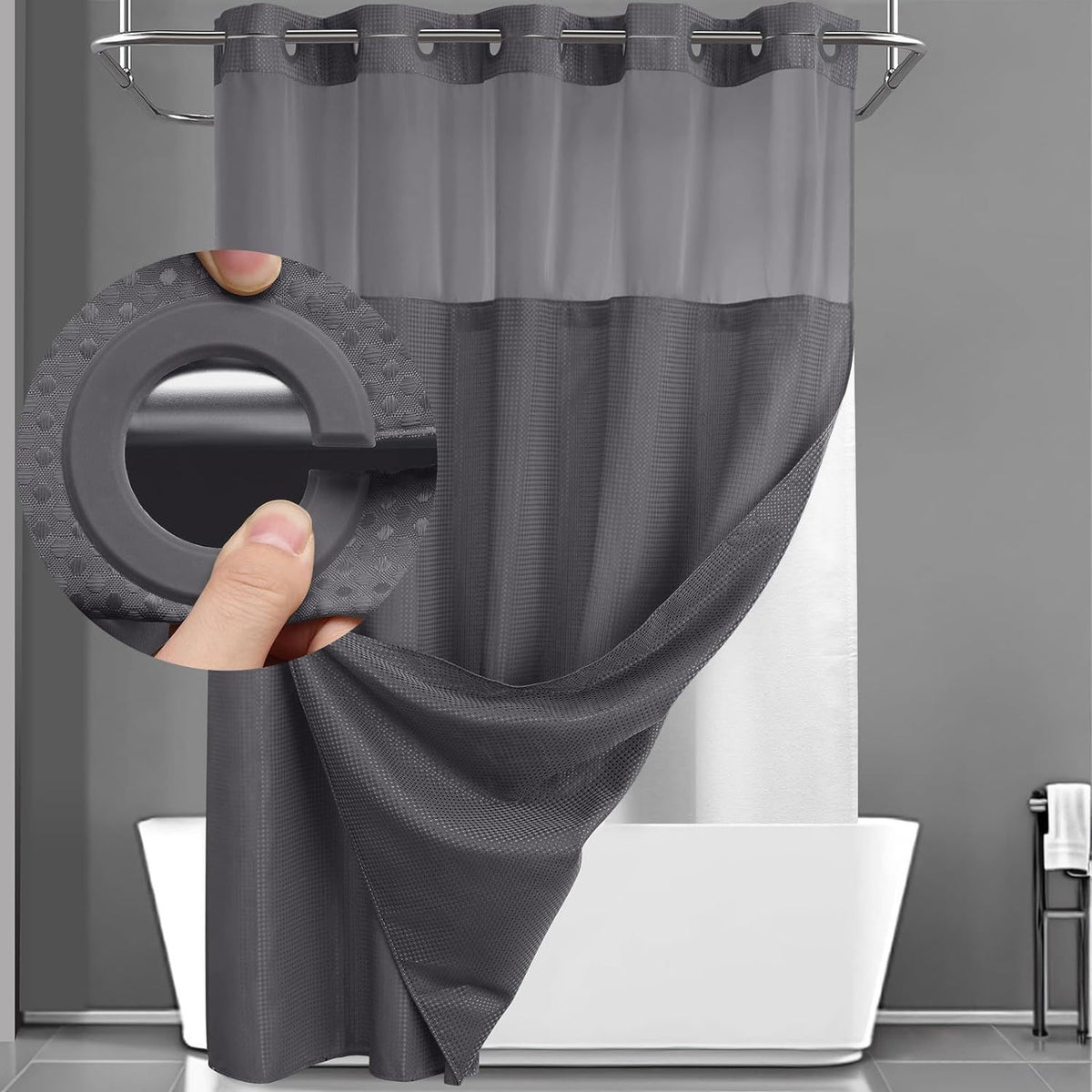 Hookless Shower Curtain with Snap Liner - Suitable for Home & Hotel Bath Curtain, Multicolor Waffle Window, Double Layer Panels, Hand Washable Curtain with Liner Set, No Hooks Required for Bathroom Decor Gift