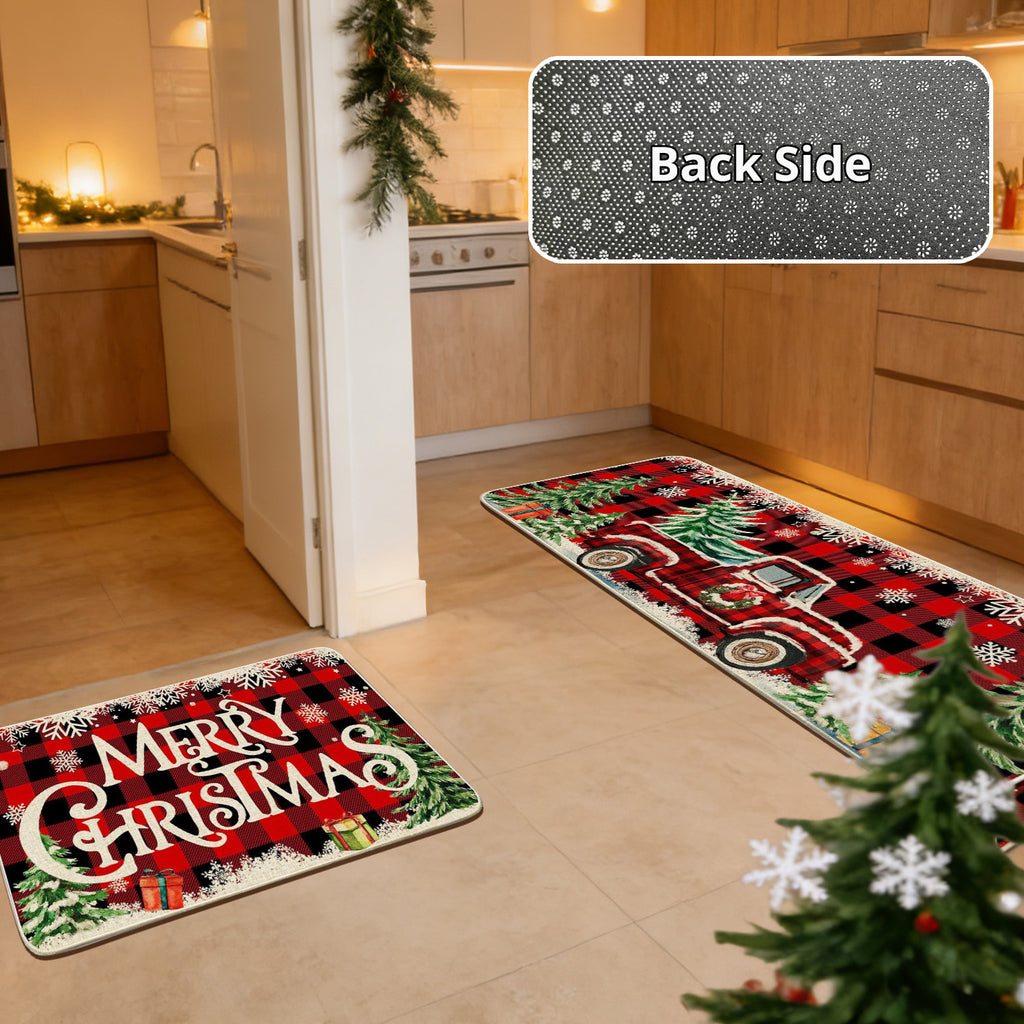 2pcs Christmas Kitchen Floor Mat Set, Christmas Kitchen Rug Set 2pcs Farmhouse Truck Red Buffalo Plaid Christmas Kitchen Decor, Perfect for Kitchen, Home Office, Laundry Room, Bathroom - Timeless Farmhouse Decor, Premium Flange 0.47 Inch Memory Foam Non-S