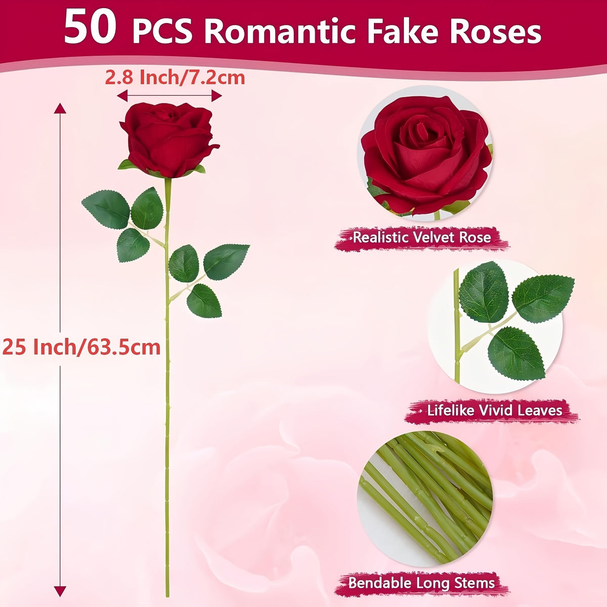 50/100pcs Red Roses Artificial Flowers, Real Touch Velvet Roses Bouquet Fake Flowers Bulk, Artificial Roses with Long Stems for Valentines Day Gift DIY Bridal Wedding Centerpiece Decorations, Mothers Day Decor, Home Decor, Room Decor, Rosas Eternas