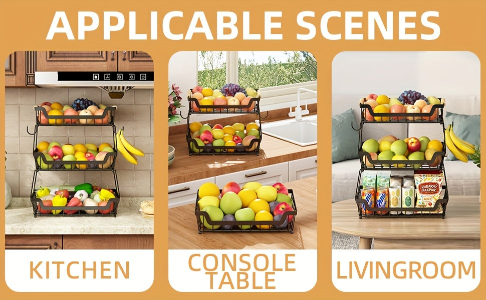 2-Tier Countertop Fruit Basket with 2 Banana Hangers for Kitchen, Detachable Metal Organizer for Bread Vegetable Fruits with Wooden Handle, Large Capacity Rectangular Storage Stand Bowls, Black