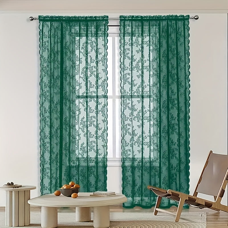 Romantic Pastoral Lace Sheer Curtain for Balcony and Office, Translucent Window Drapery with Floral Pattern, Machine Washable Polyester, Rod Pocket Design - 1pc