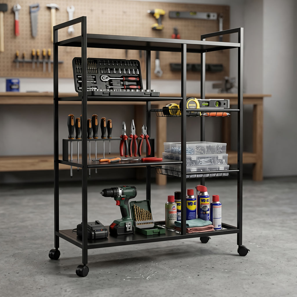 1pc Movable Storage Rack, Adjustable Kitchen Shelf with Baskets, Kitchen Organizer And Storage, Metal Shelf Rack with Wheels, Suitable for Garage, Pantry, Bathroom, Closet, Warm House Gift, New Home, Standing Shelf, Utility Racks