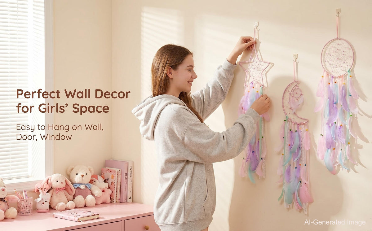 3pcs/LOT Star Moon Sun Dream Catcher Pink Room Decor for Teen Girls Kids Girls Room Decor Princess Bedroom Decor