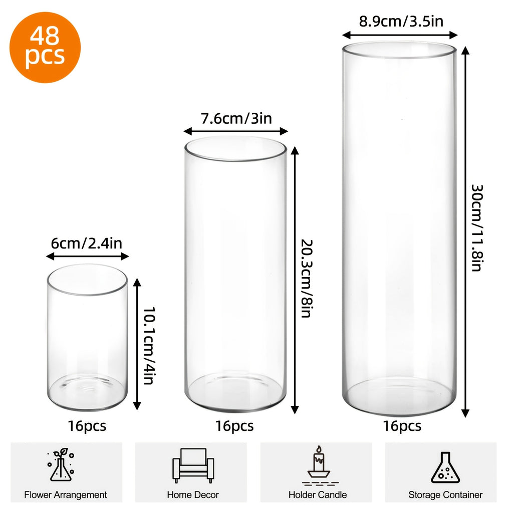 TOMNK 15/18/24/48pcs Glass Cylinder Vase in 3 Different Sizes (4In/8In/12In H), Clear Candle Holder, Tall Clear Vases for Halloween Decorations, Wedding & Party Centerpieces, Glass Flower Vase for Home Decor Party