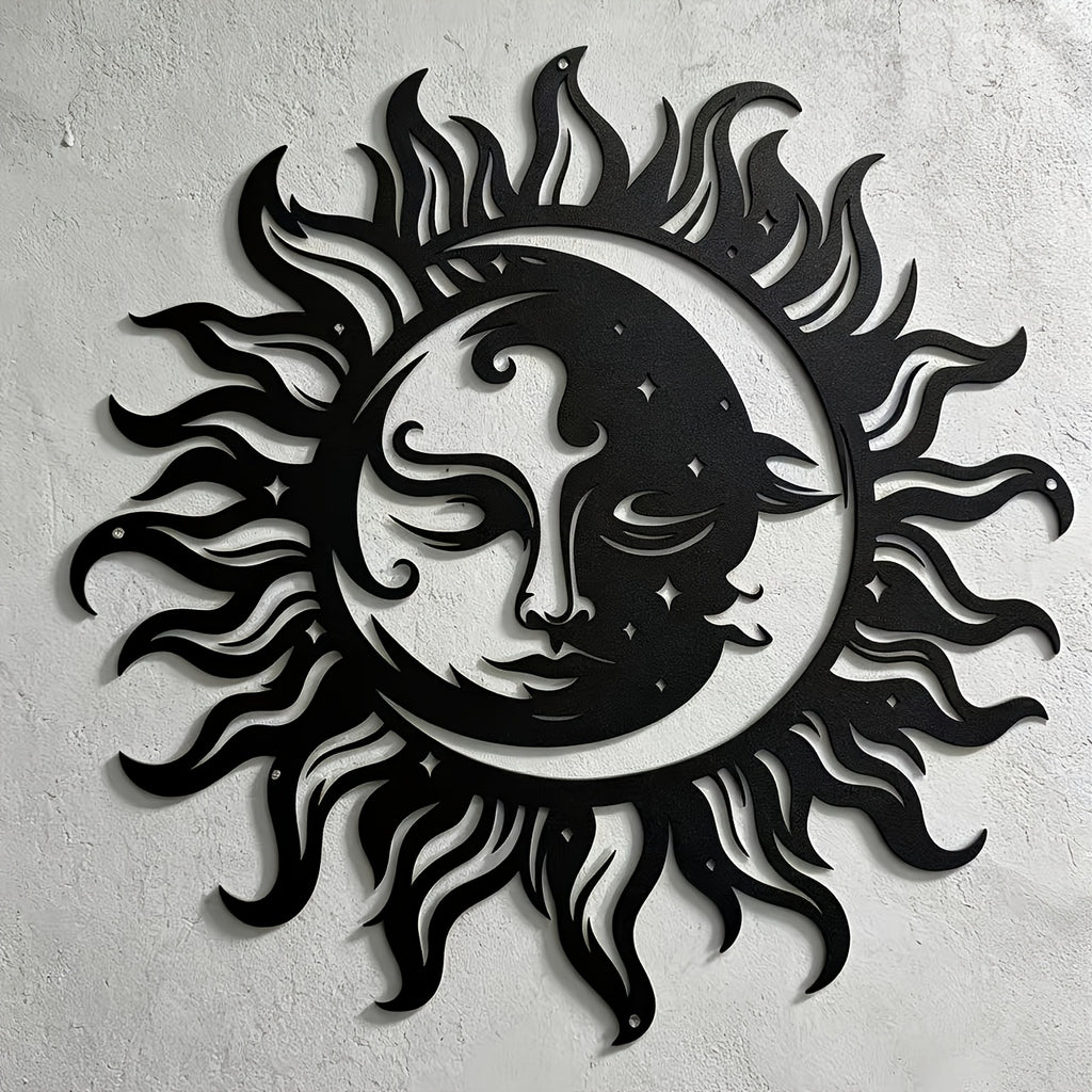 1pc Of Elegant Black Sun And Moon Metal Wall Art- Intricate Iron Design With Mystical Symbols, Perfect For Home, Office Or Outdoor Garden Decoration, Ideal Housewarming Gift, 15.7inch X 7inch Cm, Outdoor Decoration