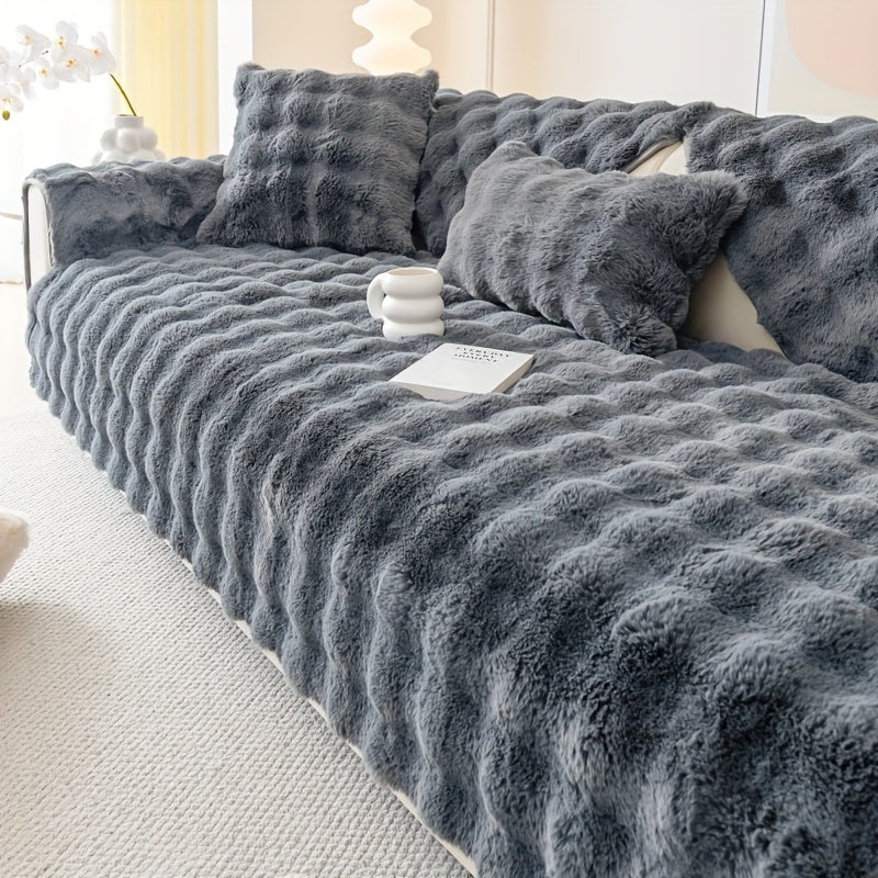1pc Faux Rabbit Plush Sofa Cover, Winter Warm Thickened Plush Soft Sofa Cover, Pet Favorite, Dog Friendly Sofa Cover, Cushion Protection Cover, Anti Slip Sofa Furniture Protection Cover, Bedroom, Office, And Living Room Decoration Local Warehouse