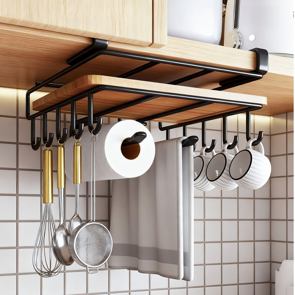 1pc Cabinet Organizer Holder, Cabinet Holder Rack, Bathroom Towel Holder Under Cabinet, Hanging Shelf Under Cabinet with Multiple Hooks for Cups, Kitchen Utensils, And Cutting Boards(Black)