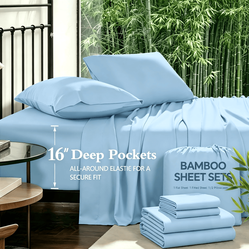 3/4pcs Bamboo Bed Sheet Set with Pillowcases, 16" Deep Pockets Soft Breathable Fitted Sheet, Queen King Size Bed Sheets, Bedroom Home Decor Bedding for Daily Use