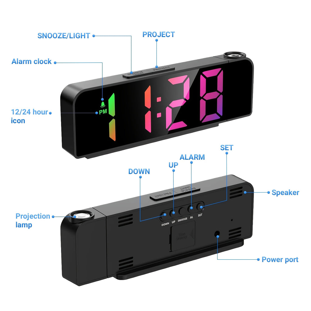 Black Projection Alarm Clock, Multifunctional LED Digital Clock with Colorful Light, USB, Displays Year, Date, Temperature, Adjustable Brightness, Bedroom Clock, 1 Pack,