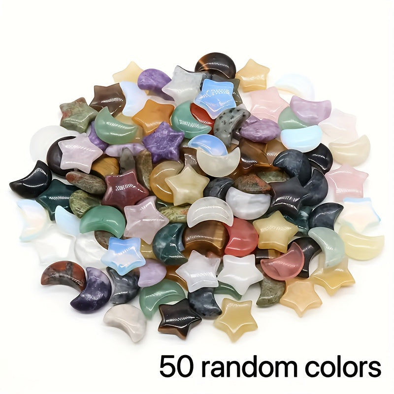 50pcs Random Stone Crystal Set, Star & Moon Crystal Worry Stones, Polished Thumb Gemstones For Meditation, Balancing, Reiki, Witchcraft, And for home Decor