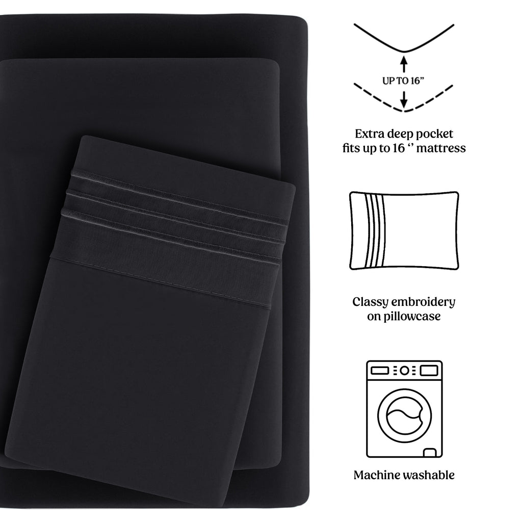 Lux Decor 4 Pieces Solid Bedsheets - 1800 Series Stylish Comfy Bedding Sheet Set - Hotel Luxury Skin Friendly Cooling Sheets & Embroidered Pillowcases Without Filler - Classic Collection With 16 Inches Deep Pocket Room decor - Shrinkage & Fade Resistant