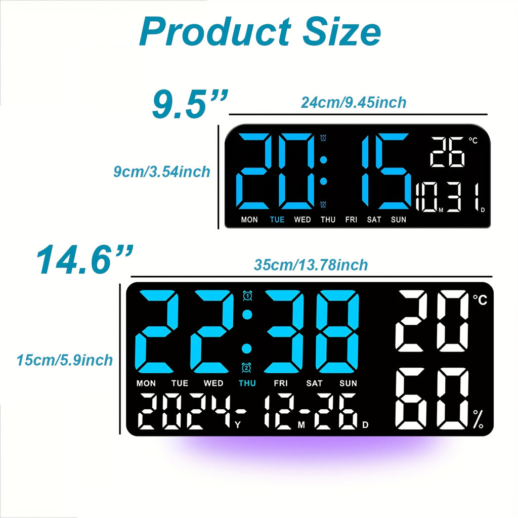 14.6"/9.5" LED Digital Alarm Clock - Large Display Desk & Wall Clock with Date, Week, Temp, Auto Brightness Dimmer, Remote Controll, Modern Clock for Home & Office Decor, Great Father's Day Gift for Dad, Seniors & Elderly