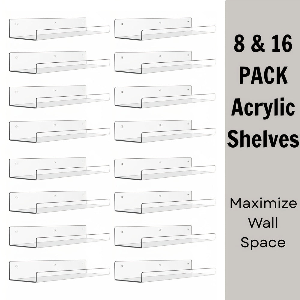 4/8/16 Pack Acrylic Shelves for Wall Storage, Room Decor, 15*4" Floating Bookshelves, Display Shelf Organizer for Bathroom, Bedroom, Living Room, Kitchen, Room Decor, Clear