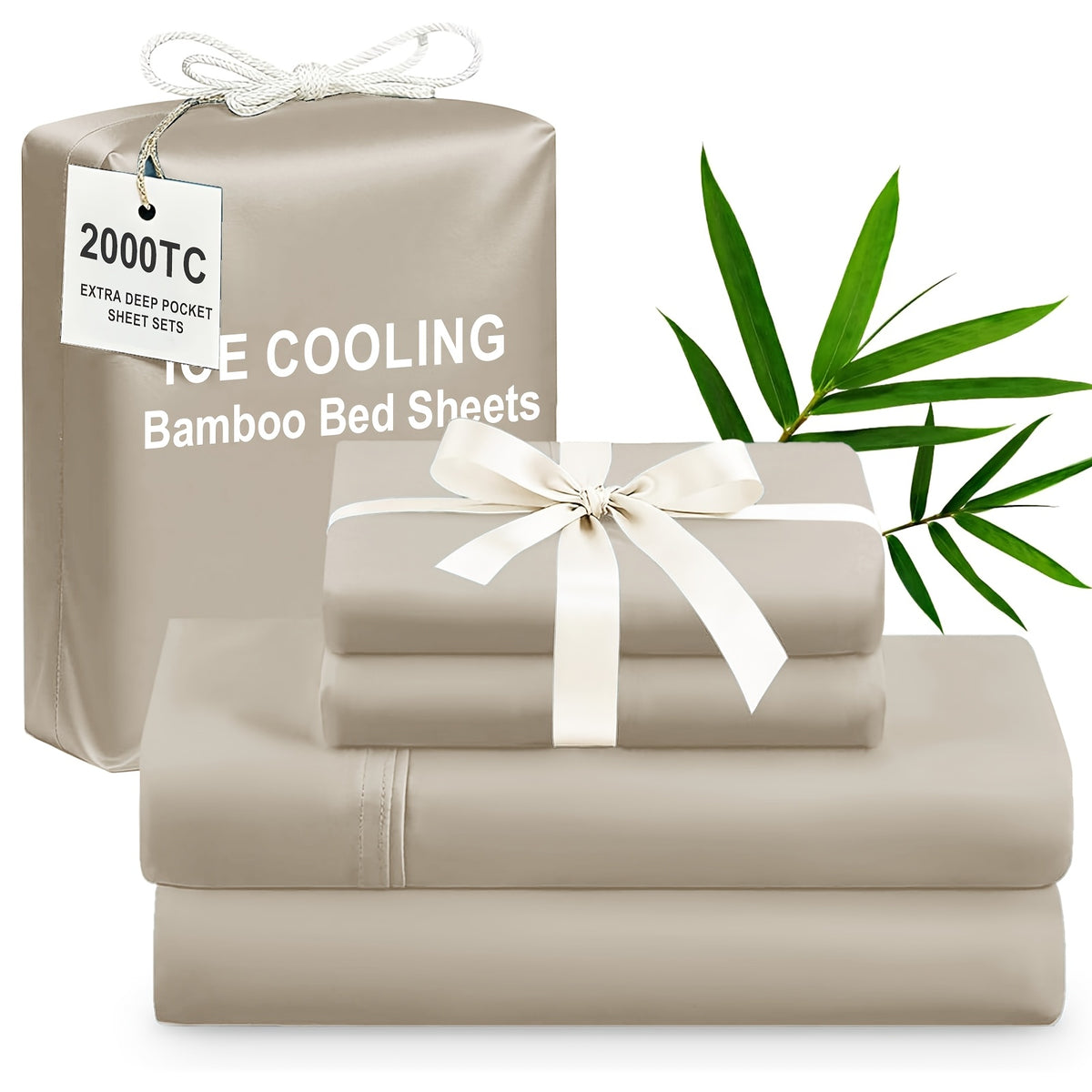 4pcs Bamboo Cooling Bedding - Extra Deep Pocket Breathable And Cooling - Suitable for Hot Sleepers And Sweats, Children Pillowcases, Flat Sheet And Fitted Sheet - A Perfect Gift for Family, Queen And King Sizes