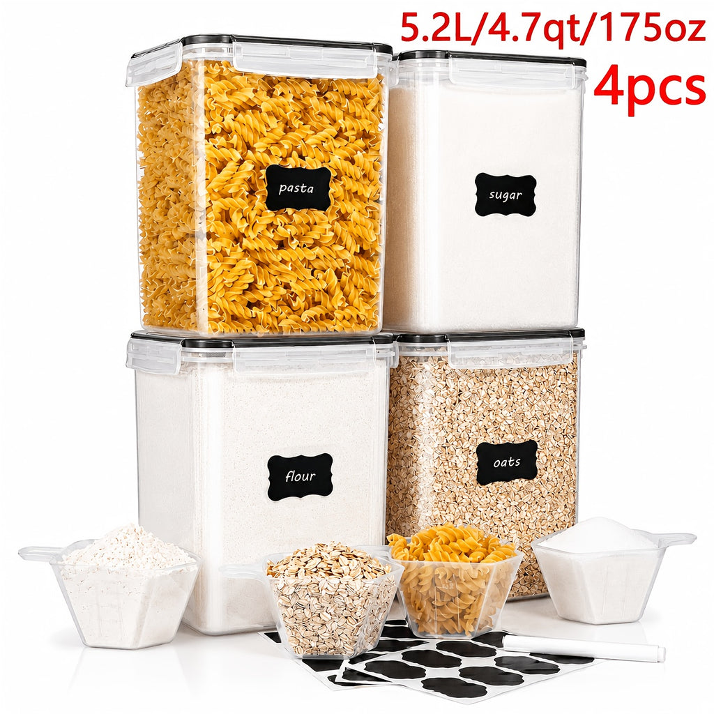 4pcs Large Food Storage Containers, BPA Free Plastic Airtight Canisters for Flour, Sugar, Baking Supplies, Rice with Lids, Black