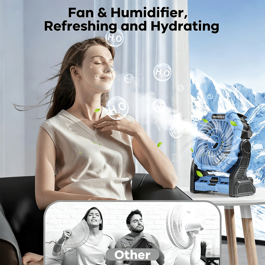 Rechargeable Misting Camping Fan, 20000mAh Portable Outdoor Fan with 4 Speeds, 200ml Water Tank, RGB Lighting and USB Output for Tent and Patio Use