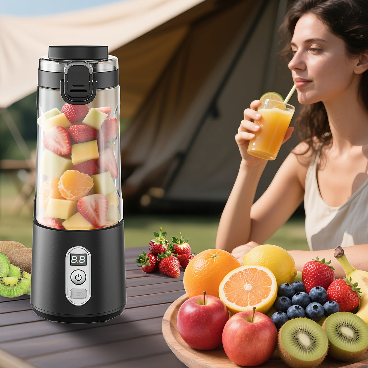LALAYUAN USB-Powered Juicer & Juicer with Digital Timer, Battery Left Display, High-Speed Ice Crush, USB-C Fast Charge, One-Tap NO-Spill Lid, 6-Blade Stainless Steel - Smoothie Blender Portable, Protein Shakes, Gym, Travel Smoothie Maker