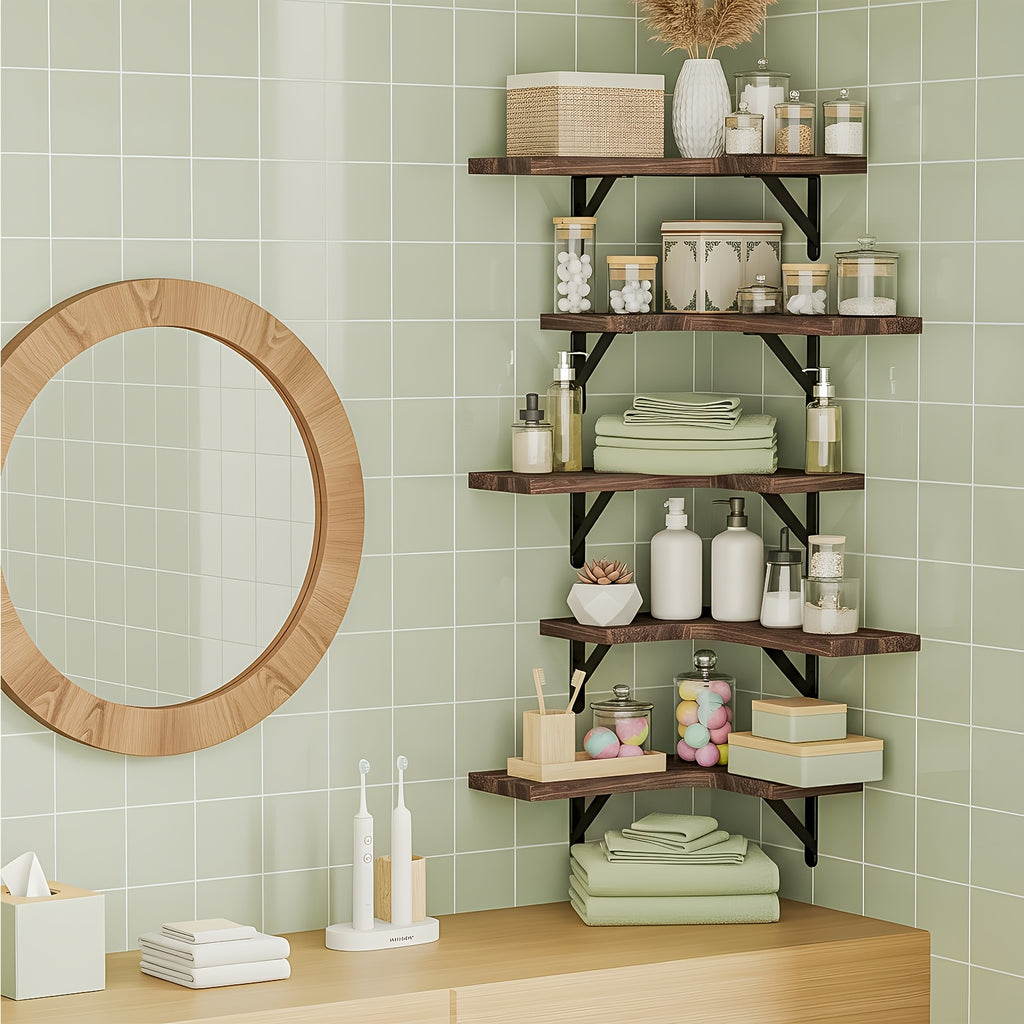Rustic Wood Corner Floating Shelves, 5-Piece Color Options or 6-Piece Black Wall Storage Set for Bathroom, Kitchen, Bedroom and Living Room Displays