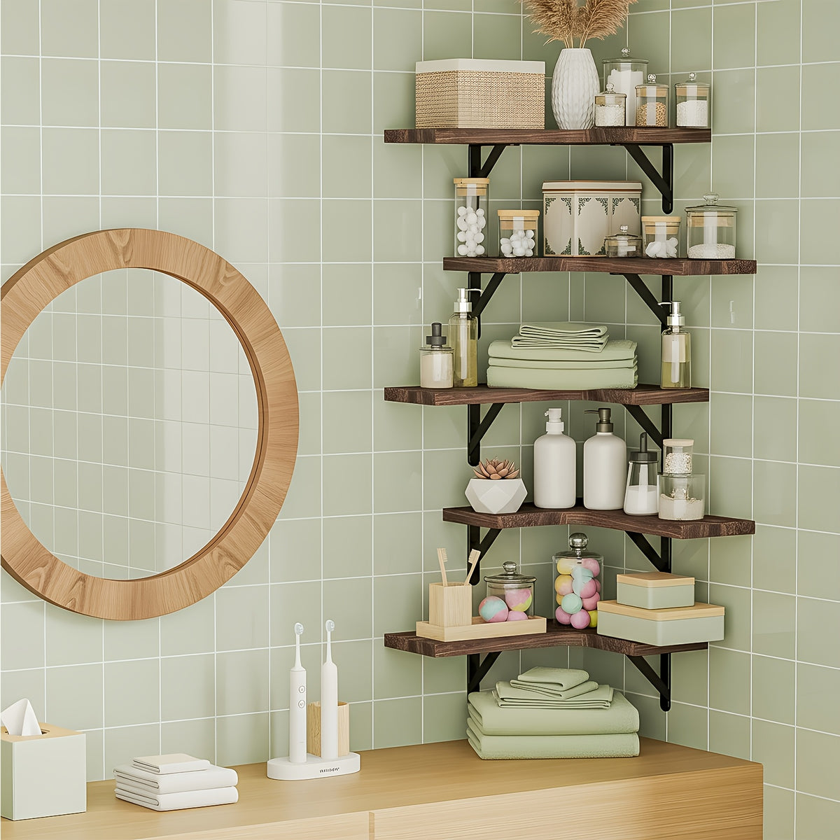 Rustic Wood Corner Floating Shelves, 5-Piece Color Options or 6-Piece Black Wall Storage Set for Bathroom, Kitchen, Bedroom and Living Room Displays