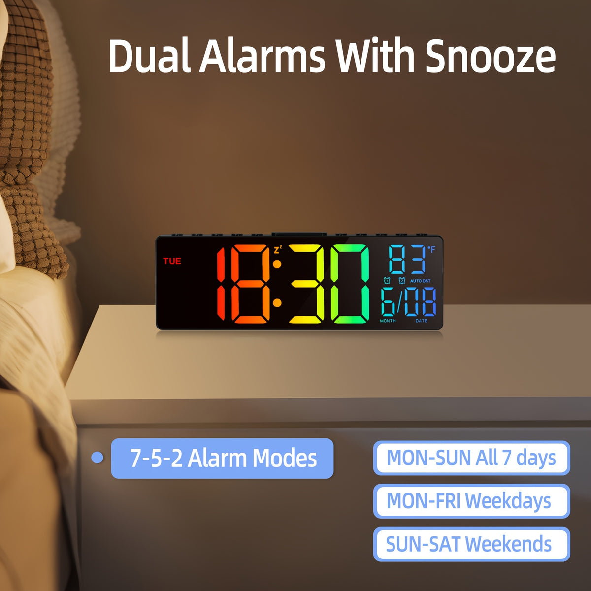 10.5 Inch Large Digital Wall Clock with Dual Alarms, Night Light, Large LED Screen Display, 8 RGB Colors, Auto DST, Temperature, Brightness Adjustment for Living Room, Bedroom, Kitchen Elderly Gift