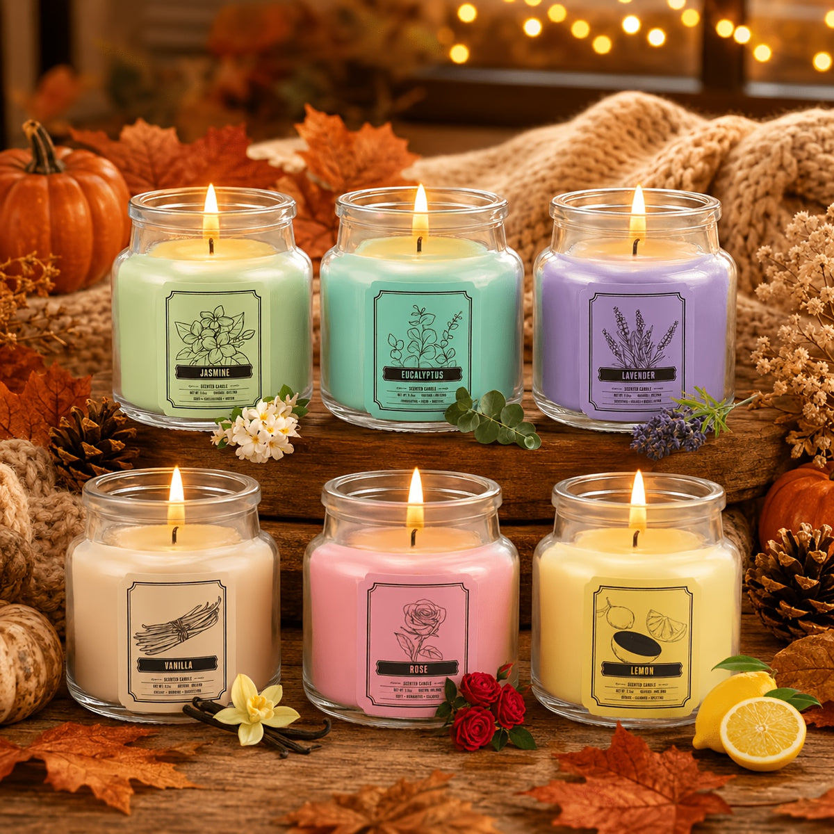6pcs Candles Set Scented Candles for Home, Gifts for Family People And Friends, Soy Candle Of 3.5oz, 120 Hour Lasting, 6 Scents Fragrance Of Jasmine Eucalyptus Lavender Vanilla Rose Lemon, for Thanksgiving Christmas Decor, Fall Candle
