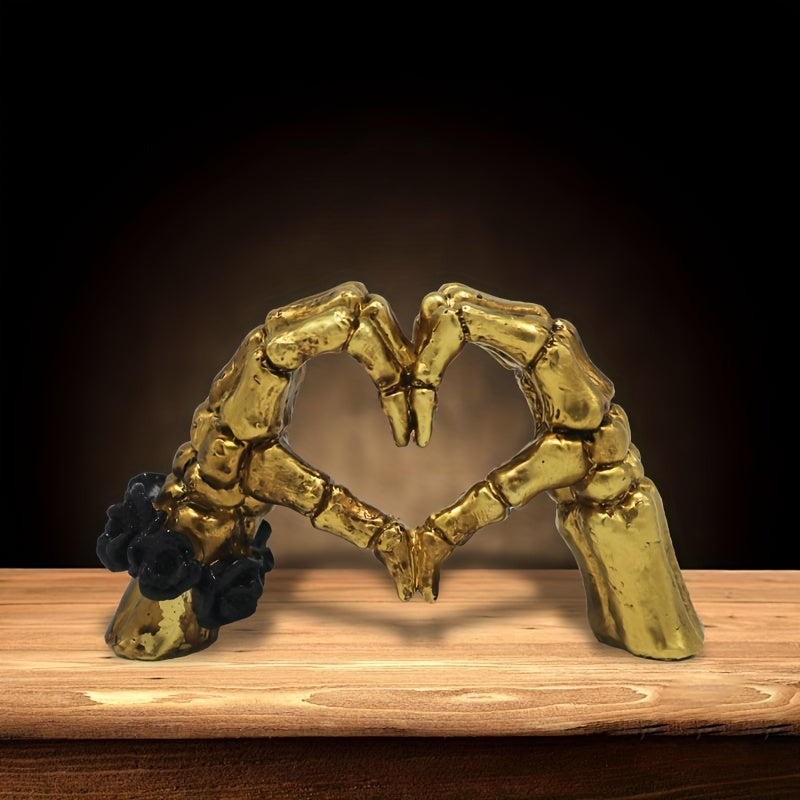 1pc, Skull Heart-shaped Hand Resin Statue, Unique Desktop Decoration, Modern Art Decor, Halloween Decor, Gift