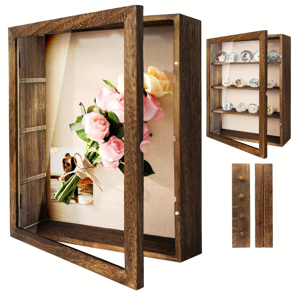 11x14 Large Country Memory Display Box Flowers, Pictures, Championship Rings, MEDALS, Coins, Pin Collection And More, Including 4 Removable Shelving Shadow Box Frames With Linen Back -