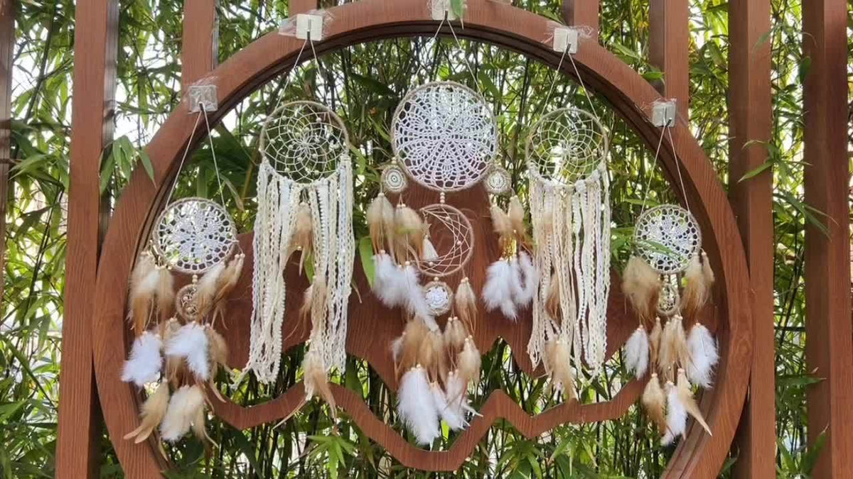Dream Catcher Wall Decor Set of 5, Camel Boho Hanging Decorations with Woven Ring Designs and Feather Accents for Bedroom and Living Room
