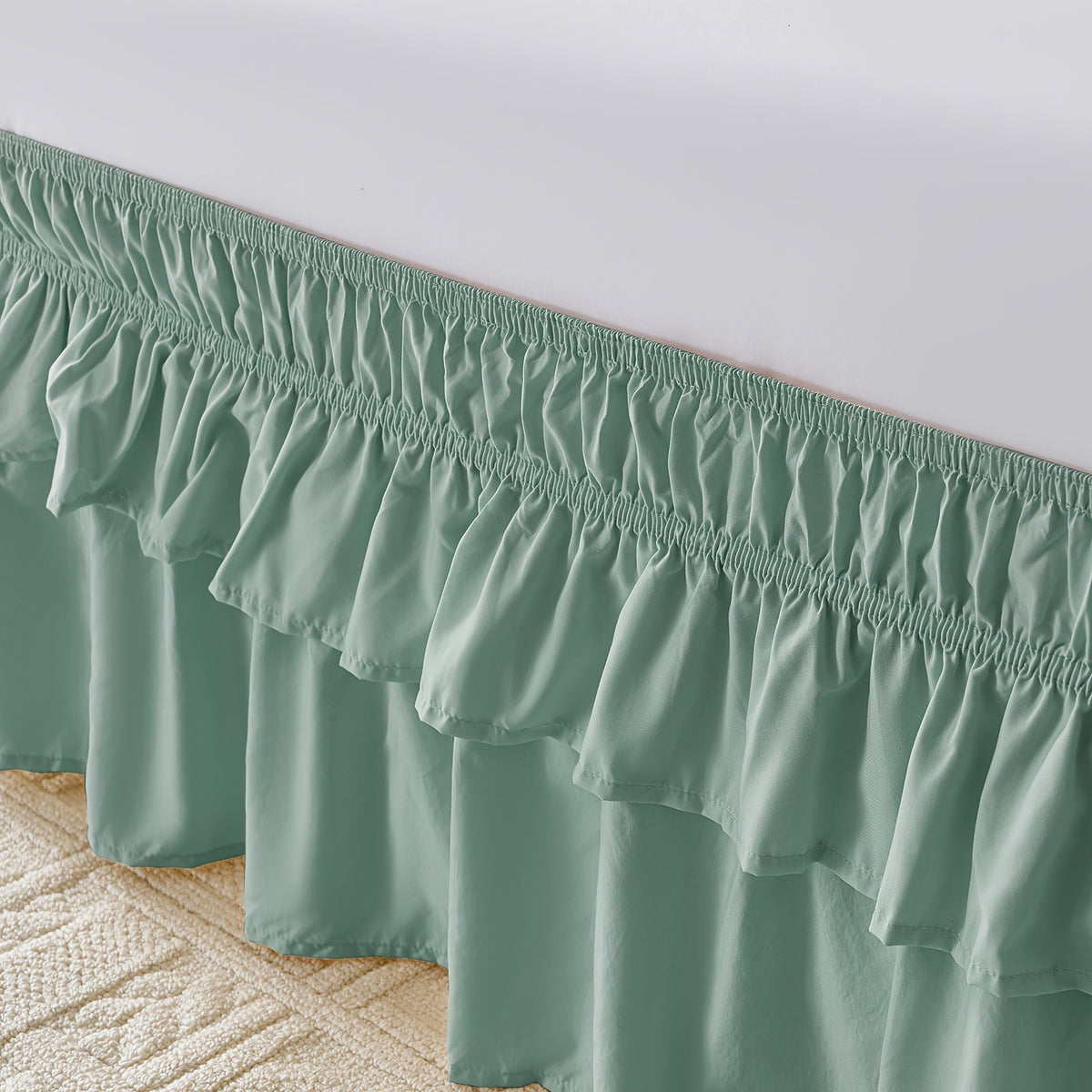 Double Ruffle Bed Skirt 16 Inch Drop, Elastic Wrap Around Bed Skirts For Twin Full Queen King Size Bed, Easy To Install Dust Ruffle, Machine Washable Soft Fabric, Multi Ruffle Bedskirt For Bedroom Bedding Home Decor