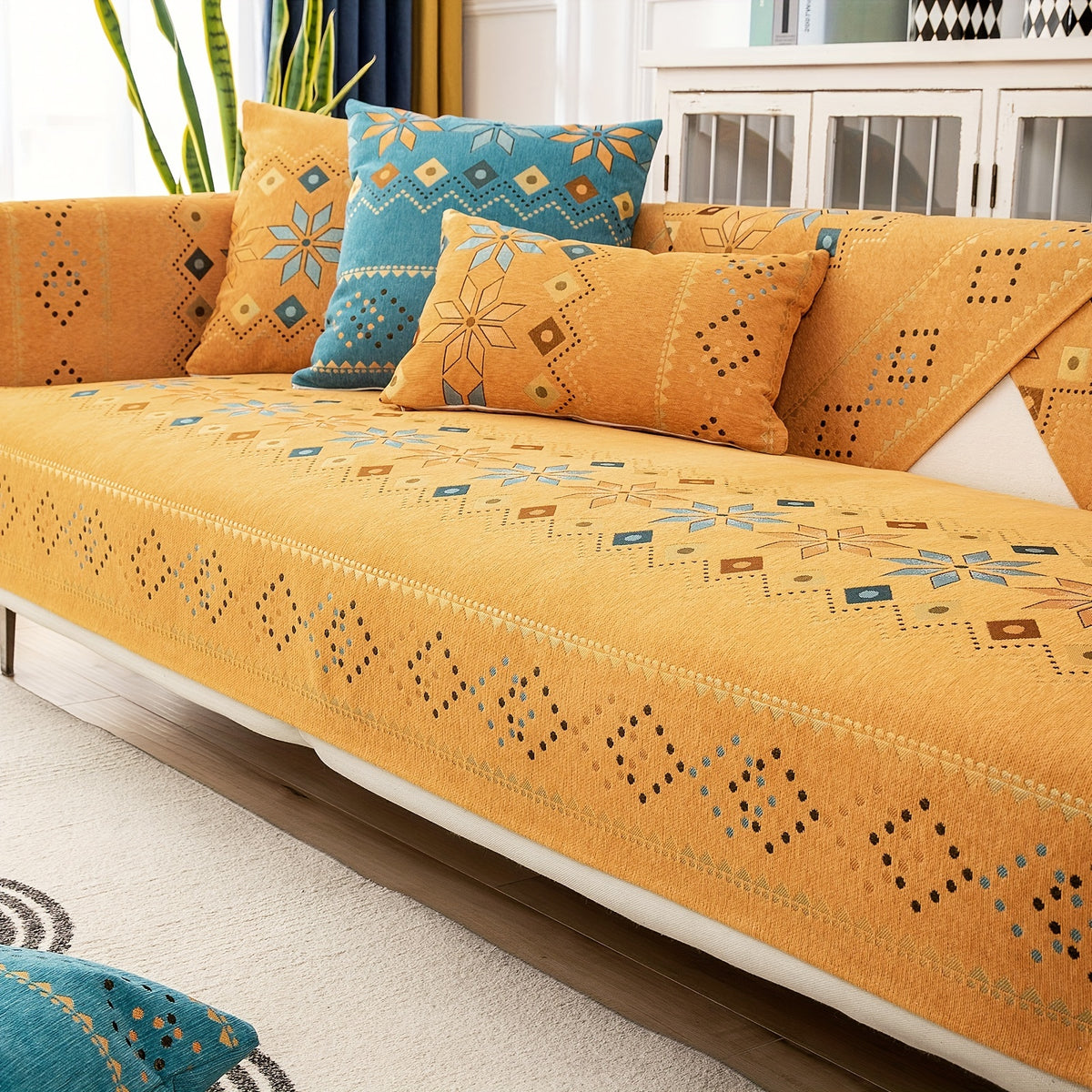 1pc Bohemian Chenille Sofa Cover Suitable for Sofa Sizes (Single to Four-Seater) - Thick Plush Non-Slip Couch Cover with Geometric Embroidery, Chenier Fabric Slipcover Fits for Sectional Sofas, Machine Washable Furniture