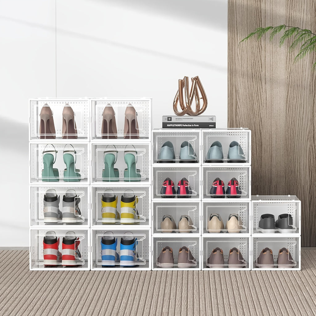 12 Pack XX Large Shoe Organizer Storage Boxes for Closet, Modular Space Saving Shoe Boxes Clear Plastic Stackable Sneaker Containers Display Case with Lids, Black02