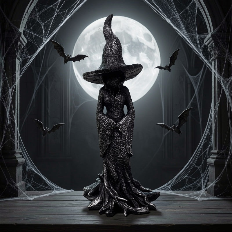 12 Inches 8 Inches Gothic Witch Statue - Hand-Painted Style Plastic Tabletop Decor with Black & Golden Gothic Design, Intricate Witch Figure with Pointed Hat & Expressive Eyes Year-Round Spooky Home Accent for Witch-Themed Parties & Gothic Home Decor