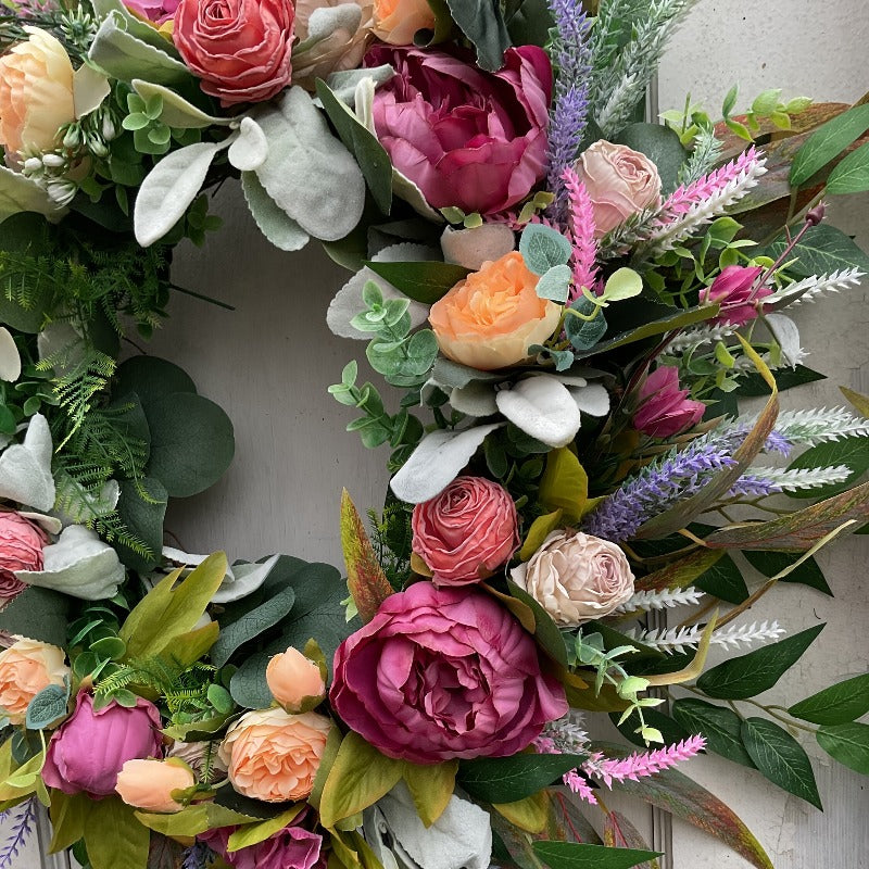 Elegant Peony & Roses Wreath with Pink, Purple, Peach, & Green Foliage - Durable Plastic Farmhouse Door Decoration for Spring Summer Home Decor, Contemporary Floral Wreath with Lush Foliage & Pastel Hues, Easy to Install with Adhesive/Screws, All-Season I