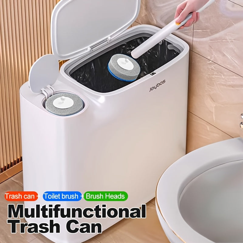 2-In-1 Trash Can with Toilet Brush And Brush Head | White Rectangular Modern Bathroom Narrow Seam Trash Can with Push-On Lid, Disposable Toilet Brush, Ivory, Bathroom Decor And Additions, Floor Mount, Plastic, JOYBOS