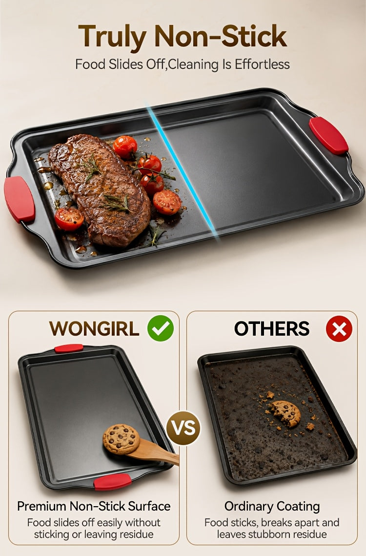 3pcs Nonstick Carbon Steel Oven Baking Pans Set With Detachable Silicone Handles, Premium Non-Stick Steel Bakeware Set, Commercial Grade Restaurant Quality Rimmed Sheets, Easy-Clean Baking Trays For Cookies, Pizza, Cake & Home Kitchen Use