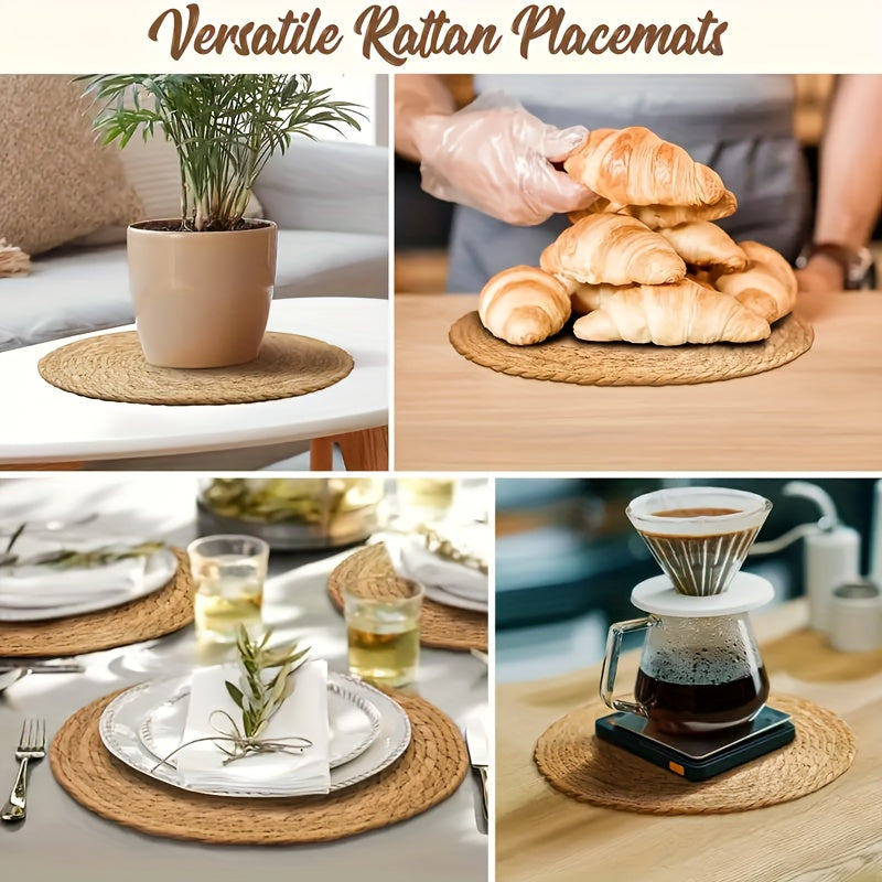12pcs Natural Rattan Table Mats - Heat-Resistant Non-Slip Round Placemats, 11.8 Inches Rustic Bohemian Wicker Heat-Resistant Dish Mats For Kitchen & Dining Table, Holiday Party Decor (Christmas, Thanksgiving, Easter, Valentine's