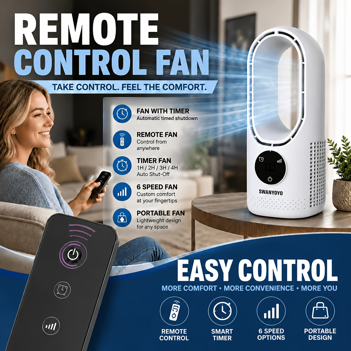 Portable Fan, USB Tower Fan, Desktop Bladeless Fan - Optional Remote Control, Touch Screen, Multi-speed Adjustment, Timer Function And Intelligent Shutdown - Perfect For Offices, Travel, Camping And Home Necessities